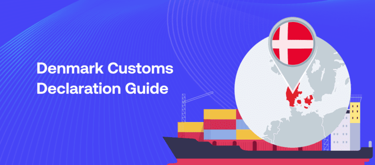 Denmark customs declaration process showing cargo containers, EU trade routes, and digital customs automation for import duties VAT and HS code classification.