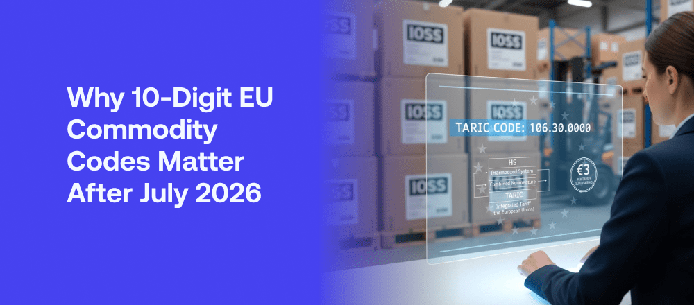 EU customs broker reviewing 10-digit TARIC commodity codes for IOSS low value imports under €3 duty rule
