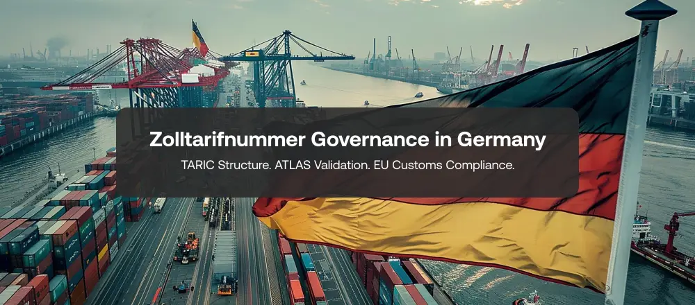 Zolltarifnummer structure Germany showing HS code, TARIC and ATLAS customs validation flow